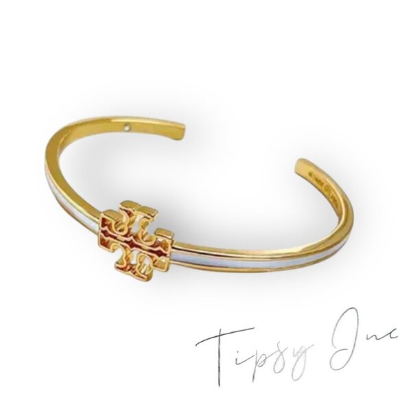 Tory Burch Gold & White Enamel Metal Cuff Bracelet - Picture 2 of 3